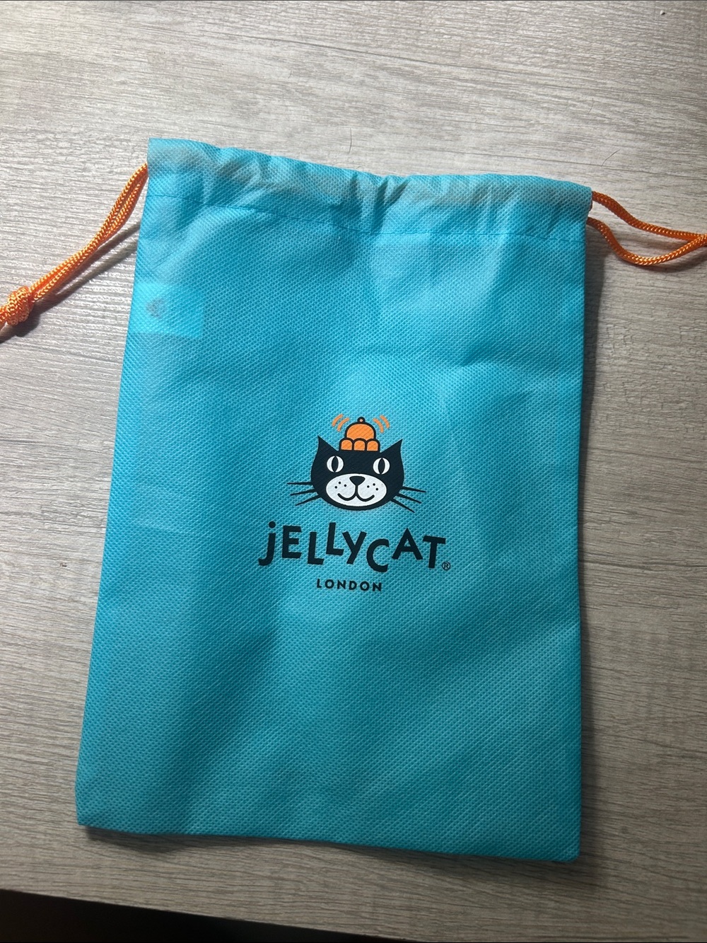Small Jellycat Blue Cat Drawstring Bag - Turquoise with Orange Cord
